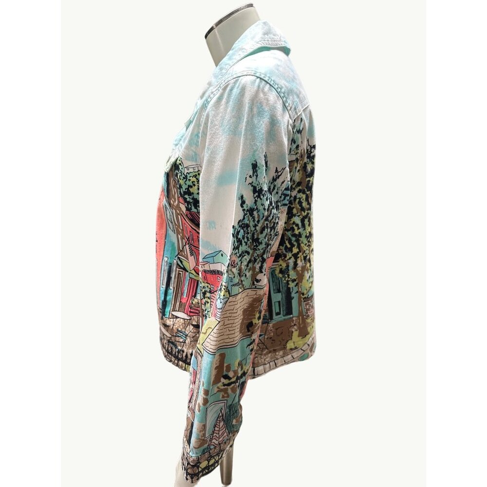 Christopher & Banks PM Stretch Jacket Colorful Town Print Button Up Front - Picture 2 of 11